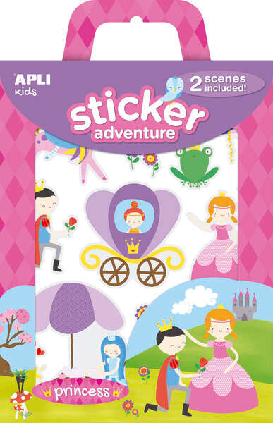 Apli Sticker Adventures Pack de 39 Pegatinas de Papel Tematica Princesas - 2 Escenarios 45x20cm - Formato Reducido con Cajita Asa - Ideal para Niños a Partir de 3 Años