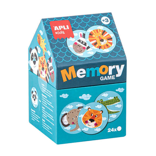 Apli Juego de Memoria Infantil - 24 Piezas Ø 8 cm - Dibujos de Animales Divertidos - Caja en Forma de Casita - Resistentes y Seguras - Mejora la Concentracion, Memoria y Habilidades Matematicas - Autoestima y Motivacion