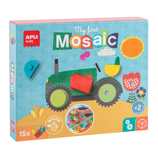 Apli Mosaico Educativo de Madera - 15 Piezas de Diferentes Formas y Colores - 5 Laminas con Diseños - Tamaño de Laminas: 280x180x2mm - Caja con 2 Compartimentos - Color Natural