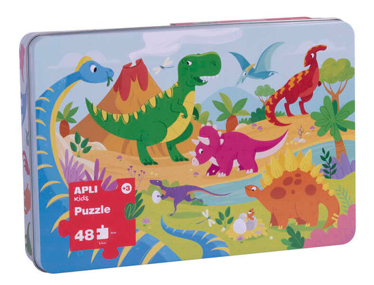 Apli Kids Puzle Dinosaurios - 48 Piezas de 5.5x6cm - Caja Metalica Rectangular - Diseño Exclusivo Infantil, Colorido, Claro y Simple - Piezas Resistentes y Seguras - Grosor de 2mm con Acabado Brillante E Indiana en el Dorso