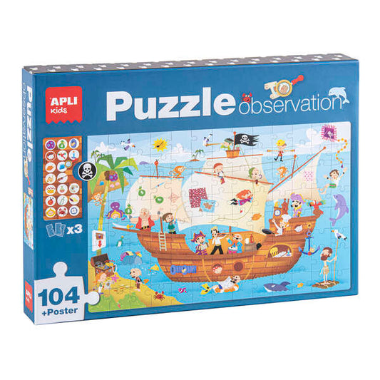 Apli Puzzle Observacion Barco Pirata de 104 Piezas de 5x5cm - Incluye Poster y 3 Fichas - Facil Manejo - Desarrolla Habilidades y Autoestima - Recomendado para Niños a partir de 5 Años