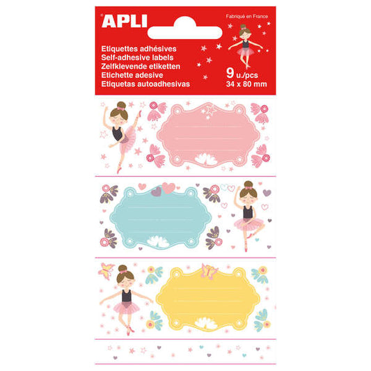 Apli Etiquetas Adhesivas Escolares Bailarinas - Tamaño 81x36mm - 9 Etiquetas (3 por Diseño) - Adhesivo Permanente de Alta Calidad - Color Blanco