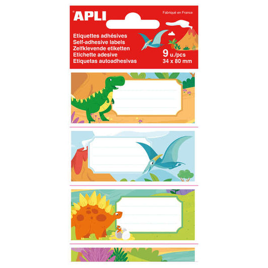 Apli Etiquetas Adhesivas Escolares Dinosaurios - Tamaño 81x36mm - 9 Etiquetas de Adhesivo Permanente de Alta Calidad - Ideal para Marcar e Identificar Libros, Cuadernos, Carpetas, Catalogos, Carpesanos, Agendas - Color Blanco