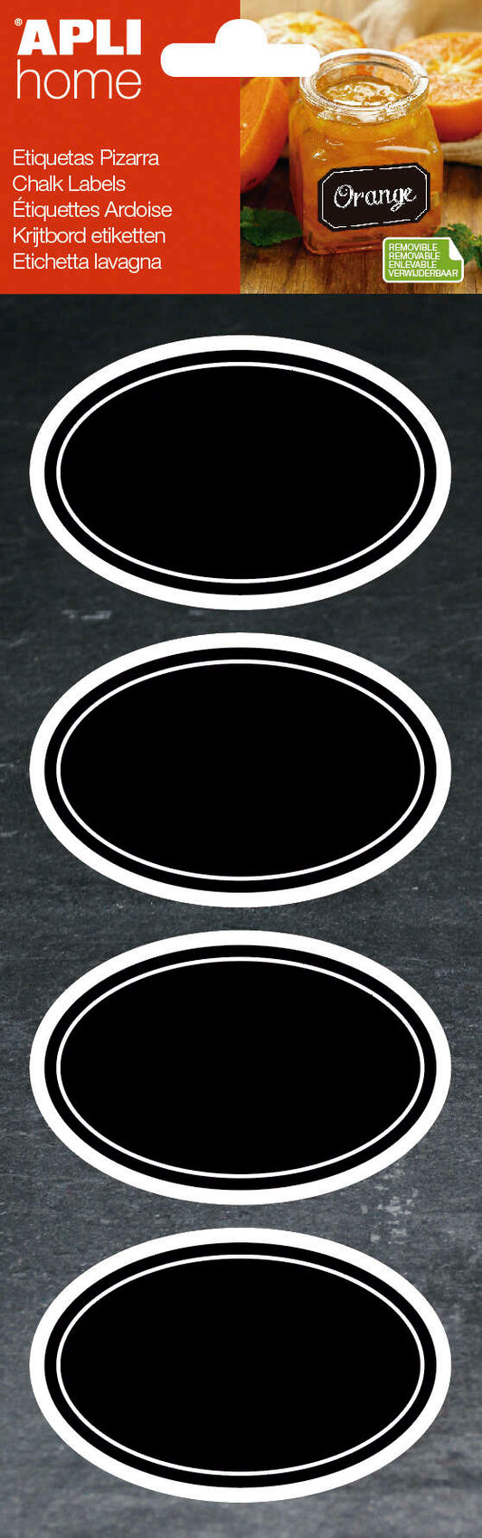 Apli Etiquetas Pizarra Ovaladas 80x50mm - Adhesivo Removible - 2 Hojas (8 Etiquetas) - Tiza Liquida o Convencional - Borrado Facil - Rotuladores Permanentes - Color Negro