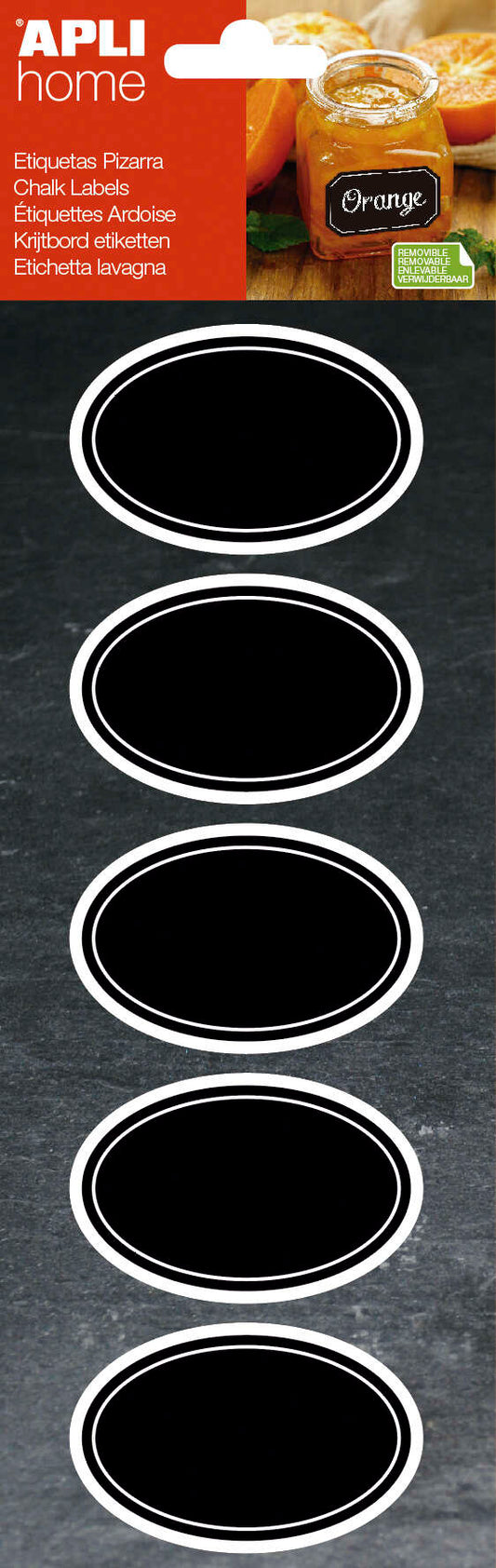 Apli Etiquetas Pizarra Ovaladas 65x41mm - Adhesivo Removible - 2 Hojas (10 Etiquetas) - Escritura con Tiza Liquida o Convencional - Borrado Facil - Ideal para Tarros, Macetas, Regalos - Color Negro