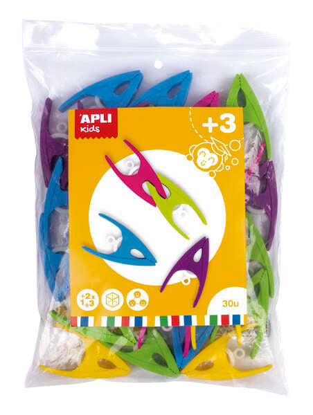Apli Pinzas de Plastico para Niños - Tamaño 60x33x15 - Colores Surtidos: Amarillo, Fucsia, Lila, Verde y Azul - Alto Valor Didactico - Formato Maxi