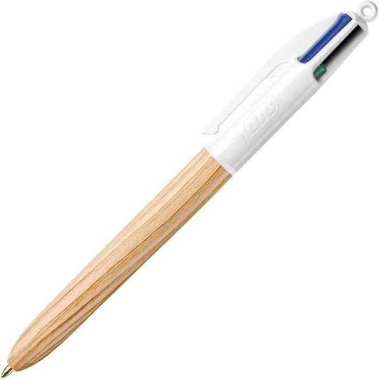 Bic 4 Colours Wood Style Boligrafo de Bola Retractil - Punta Media de 1.0mm - Tinta con Base de Acei