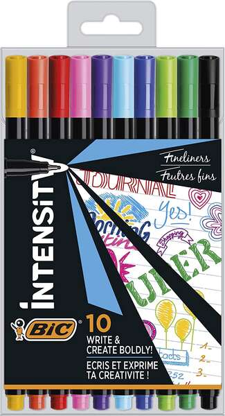 Bic Intensity Fine Pack de 10 Rotuladores - Punta Fina de 0.8mm - Trazo de 0.4mm - Tinta con Base de