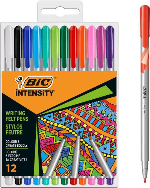 Bic Intensity Medium Pack de 12 Rotuladores - Punta Media de 0.8mm - Tinta con Base de Agua - Colore