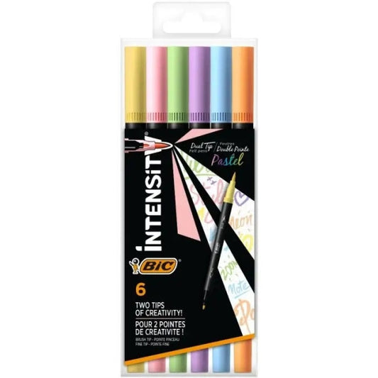 Bic Intensity Dual Tip Pastel Pack de 6 Rotuladores Doble Punta - Punta de Pincel + Punta Fina - Tin
