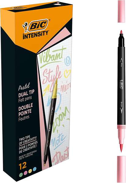 Bic Intensity Dual Tip Pastel Rotulador Doble Punta - Punta de Pincel + Punta Fina - Tinta con Base