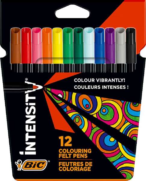 Bic Intensity Pack de 12 Rotuladores - Punta 0.9mm - Tinta con Base de Agua Lavable - Colores Surtid