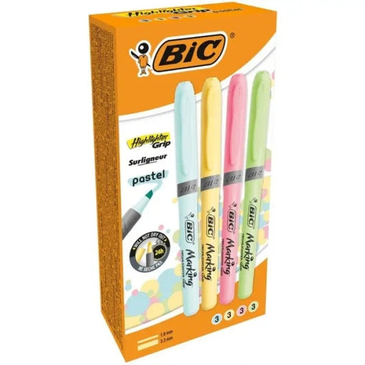 Bic Highlighter Grip Pack de 12 Marcadores Fluorescentes Pastel - Punta Biselada - Trazo entre 1.60