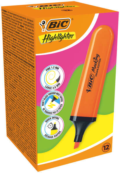 Bic Marking Highlighter Flat Marcador Fluorescente - Punta Biselada - Trazo entre 1.70 y 4.80 mm - Tinta con Base de Agua - Color Naranja - Cantidad: 12