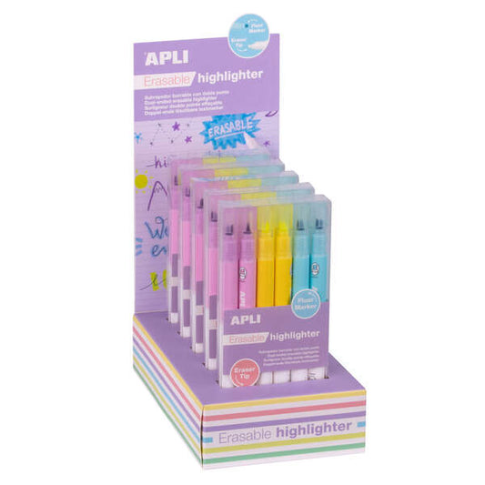 Apli Erasable Highlighter Expositor de 5 Packs de 6 Subrayadores Borrables - Punta Biselada 4mm - Co