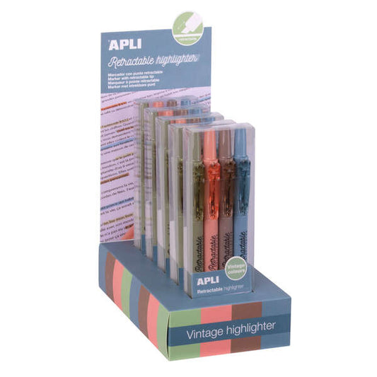 Apli Retractable Highlighter Expositor con 5 Packs de 4 Subrayadores Retractiles - Punta Biselada 4m