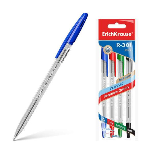 Erichkrause R-301 Pack de 4 Boligrafos de Bola Punta 1.0mm - Trazo 0.5mm - Tinta de Secado Rapido -