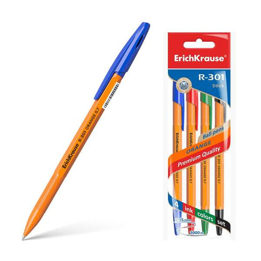 Erichkrause Pack de 4 Boligrafos R-301 Naranja Stick 0.7 - Cuerpo Hexagonal Opaco - Punta de 0.7mm -