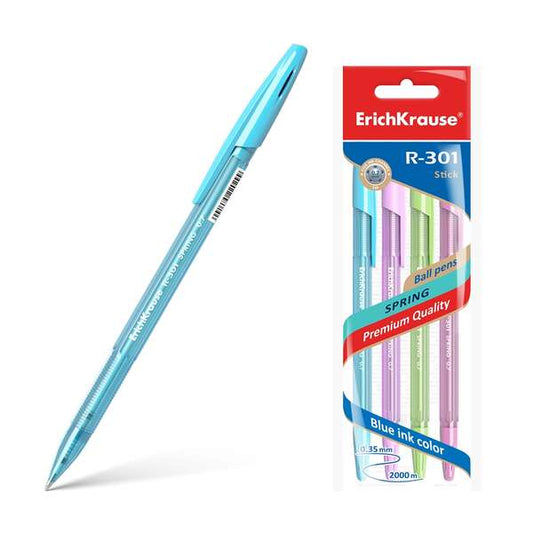 Erichkrause Pack de 4 Boligrafos R-301 Spring Stick 0.7 - Cuerpo Hexagonal Translucido - Tinta de Se