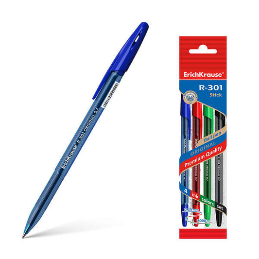 Erichkrause Pack de 4 Boligrafos R-301 Original Stick 07 - Punta de 07mm - Tinta de Secado Rapido -