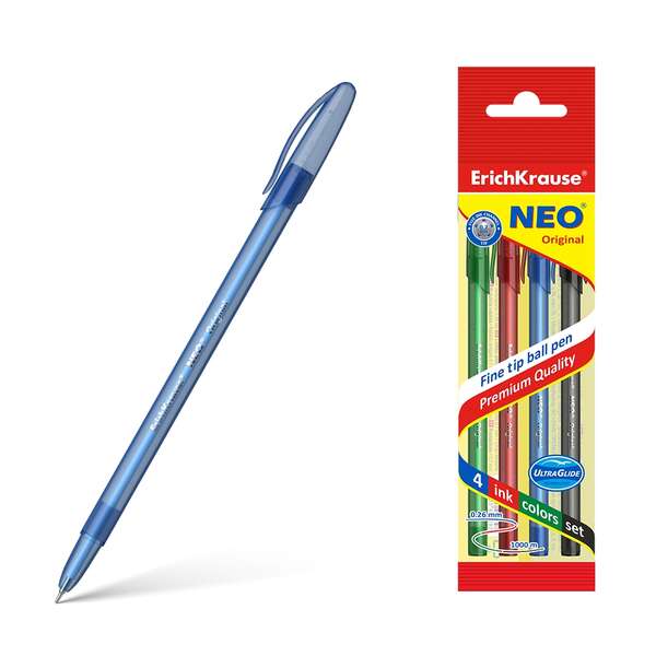 Erichkrause Pack de 4 Boligrafos Neo Original - Punta de Aguja Sofisticada Fine Tip - Cuerpo Redondo
