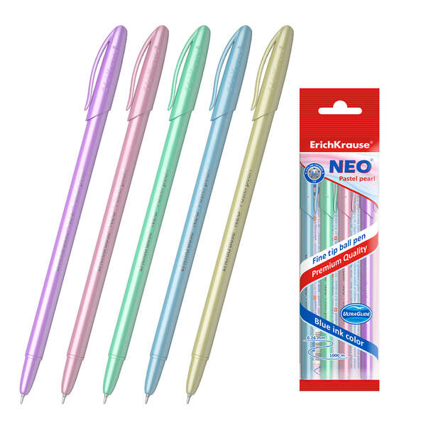 Erichkrause Pack de 5 Boligrafos Neo Pastel Pearl - Punta de Aguja Sofisticada - Tinta de Baja Visco
