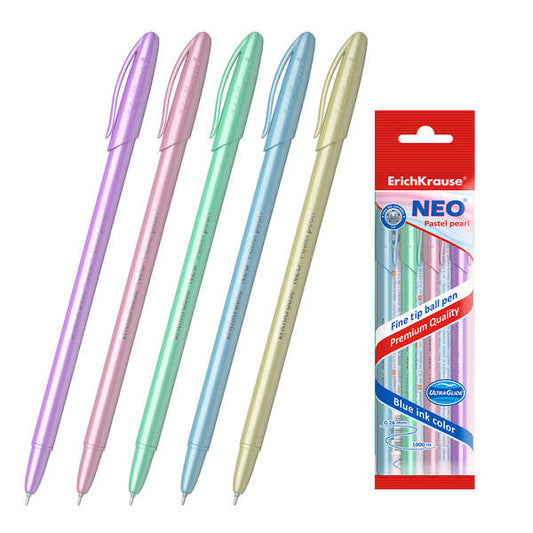 Erichkrause Pack de 5 Boligrafos Neo Pastel Pearl - Punta de Aguja Sofisticada - Tinta de Baja Visco