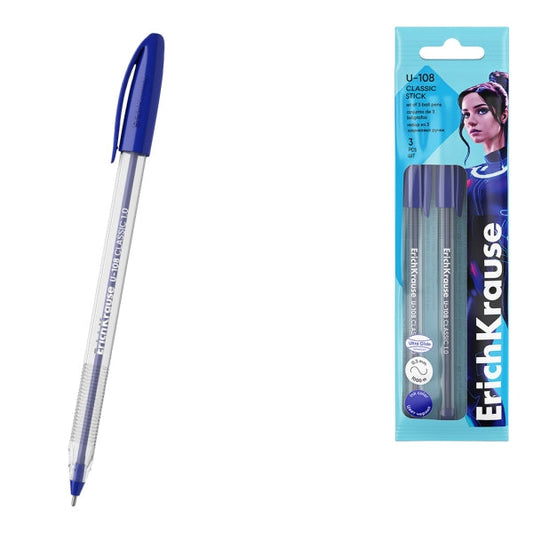 Erichkrause U-108 Pack de 3 Boligrafos Clasicos - Punta de Bola 1.0mm - Trazo de 0.3mm - Tapa Ventil