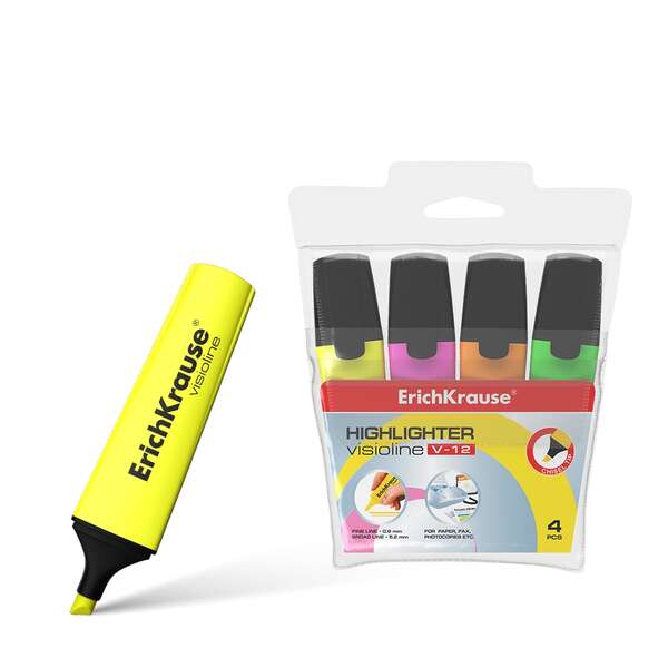 Erichkrause Visioline V-12 Pack de 4 Marcadores Fluorescentes - Punta Biselada - Tinta a Base de Agu