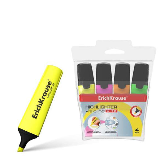 Erichkrause Visioline V-12 Pack de 4 Marcadores Fluorescentes - Punta Biselada - Tinta a Base de Agu