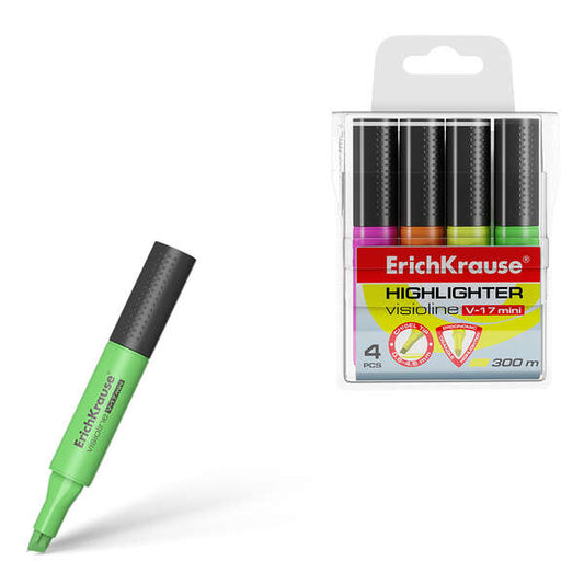 Erichkrause Visioline V-17 Mini Pack de 4 Marcadores Fluorescentes - Punta Biselada 0.6-4.5mm - Colo