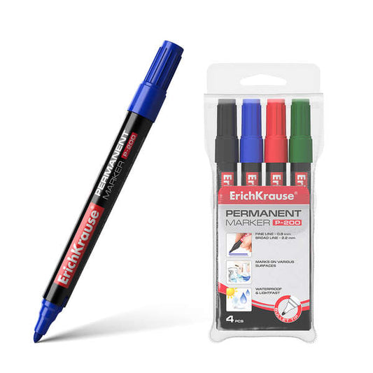 Erichkrause Pack de 4 Marcadores Permanente P-200 - Punta en Forma de Bala - Resistente al Daño y La