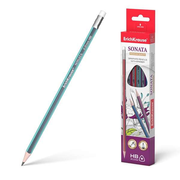 Erichkrause Sonata HB - Lapiz de Grafito Triangular con Goma de Borrar - Madera Seleccionada - Durez