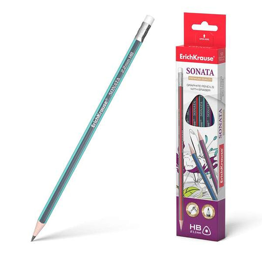 Erichkrause Sonata HB - Lapiz de Grafito Triangular con Goma de Borrar - Madera Seleccionada - Durez