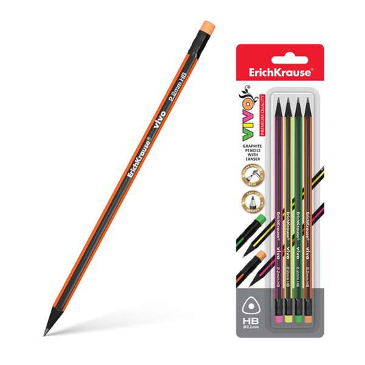Erichkrause Vivo HB Pack de 4 Lapices de Grafito Triangular HB con Goma de Borrar del Color del Lapi