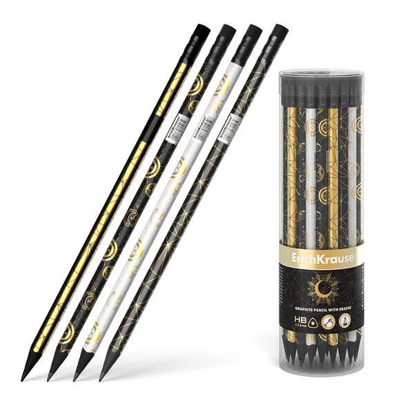 Erichkrause Magic Sky Lapiz de Grafito Triangular HB - Goma de Borrar - Madera Negra - Cuatro Diseño