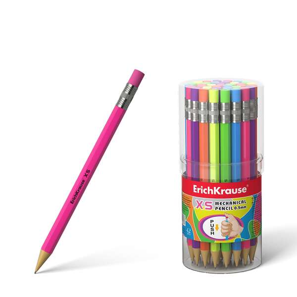 Erichkrause Portaminas Xs 05 mm - Mini-Lapiz Mecanico Hexagonal - Carcasa y Borrador en Colores Neon
