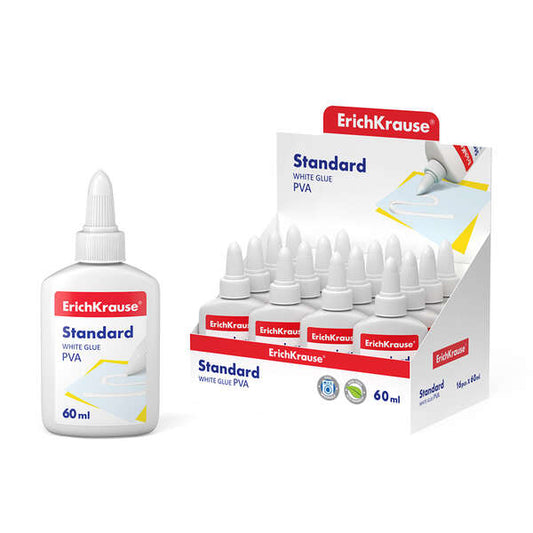 Erichkrause Cola Blanca PVA Standard 60ml - Aplicador Autolimpiante - Regulador de Intensidad - No Toxico - Resistente al Frio - Color Blanco - Cantidad: 16