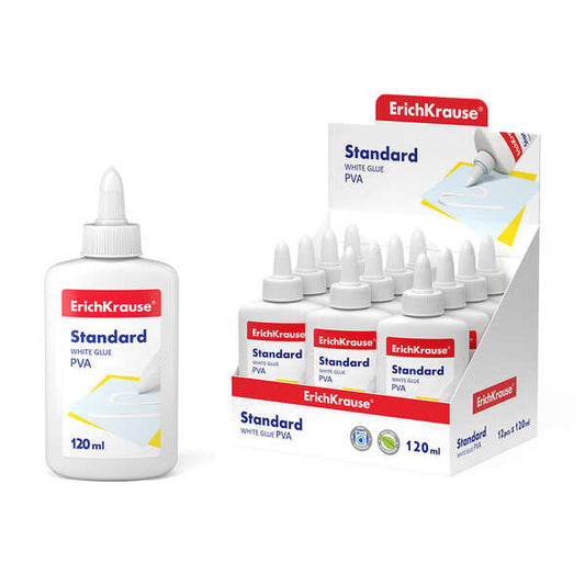 Erichkrause Cola Blanca PVA Standard 120ml - Aplicador Autolimpiante - Regulador de Intensidad - No Toxico - Resistente al Frio - Color Blanco - Cantidad: 12