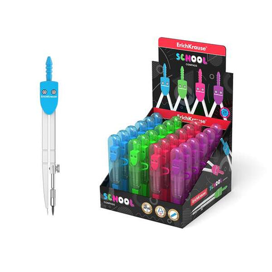 Erichkrause Compas de Metal School 120mm - Radio Maximo 18 cm - Estuche de Plastico con Regla Incluida - Colores Neon - Caja de Plastico con Colgador - Cantidad: 24