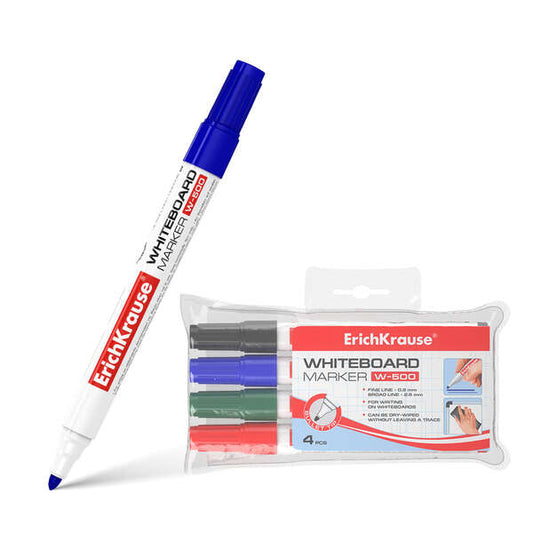 Erichkrause W-500 Pack de 4 Rotuladores para Pizarra Blanca - Punta en Forma de Bala - Trazo de 0.8