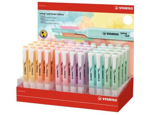 Stabilo Swing Cool Pastel Expositor de 48 Marcadores Fluorescentes - Cuerpo Plano - Punta Biselada -