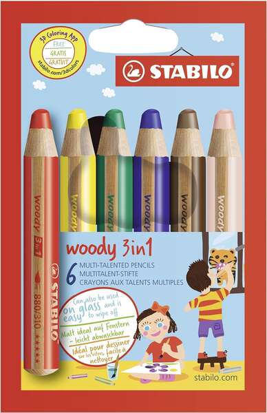 Stabilo Woody 3 en 1 Pack de 6 Lapices de Colores - Lapiz de Color, Cera y Acuarela, Todo en Uno - M