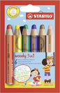 Stabilo Woody 3 en 1 Pack de 6 Lapices de Colores - Lapiz de Color, Cera y Acuarela, Todo en Uno - M