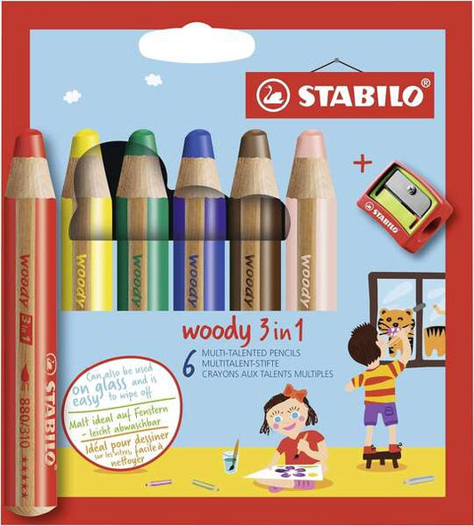 Stabilo Woody 3 en 1 Pack de 6 Lapices de Colores + Sacapuntas - Lapiz de Color, Cera y Acuarela, To