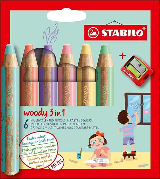 Stabilo Woody 3 en 1 Pack de 6 Lapices de Colores Pastel + Sacapuntas - Lapiz de Color, Cera y Acuar