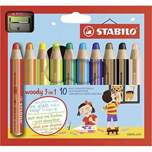 Stabilo Woody 3 en 1 Pack de 10 Lapices de Colores + Sacapuntas - Lapiz de Color, Cera y Acuarela, T