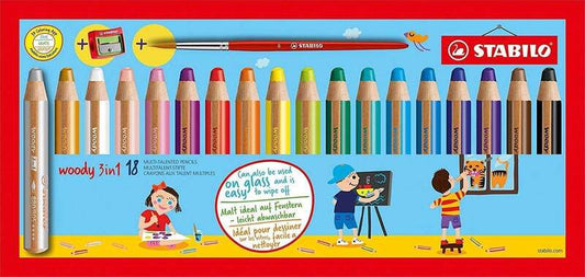 Stabilo Woody 3 en 1 Pack de 18 Lapices de Colores + Sacapuntas + Pincel Nº 8 - Lapiz de Color, Cera