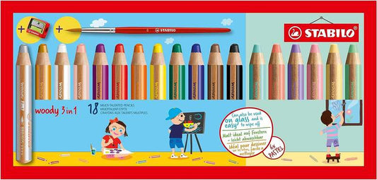 Stabilo Woody 3 en 1 Pack de 18 Lapices de Colores Incluidos Pastel + Sacapuntas + Pincel Nº 8 - Lap