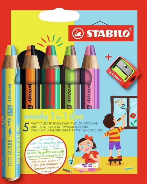 Stabilo Woody 3 en 1 Duo Pack de 5 Lapices de Colores + Sacapuntas - Mina 2 Colores XXL 10mm - Lapiz